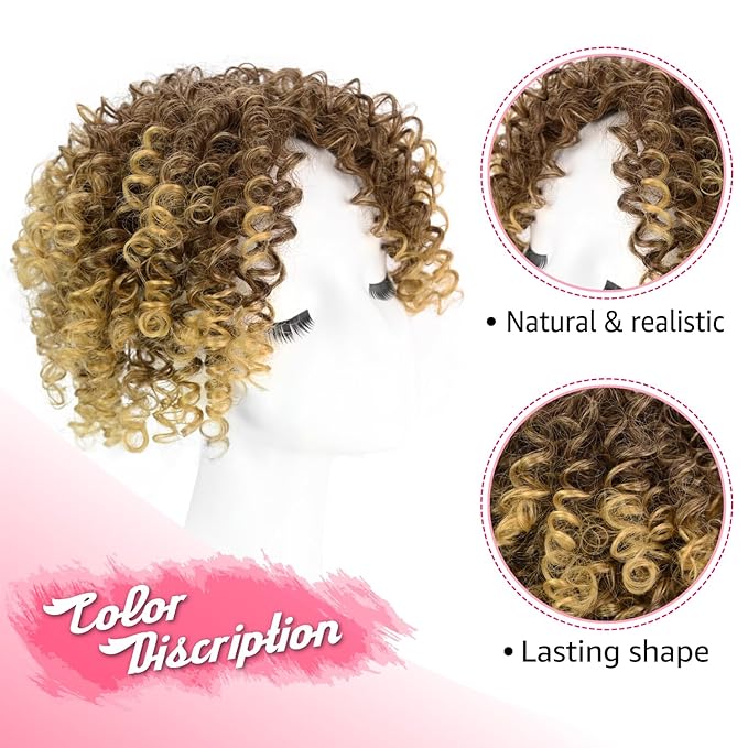 Natural Afro Kinky Curly Short Hair Toppers with Bangs Black Clip in Synthetic Wiglets Hair Pieces for Men and Women with Thinning Hair Instant Volume and Style(T27/33#)