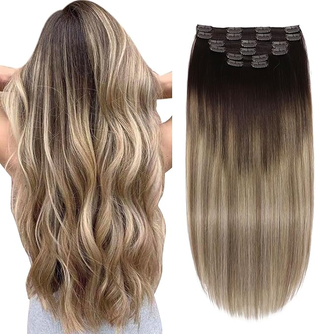 XDhair Clip in Hair Extensions Human Hair 100g 16inch 6pcs Blayage Dark Brown to Dirty Blonde Remy Real Human Hair Clip in Hair Extensions 16inch #2/6/18