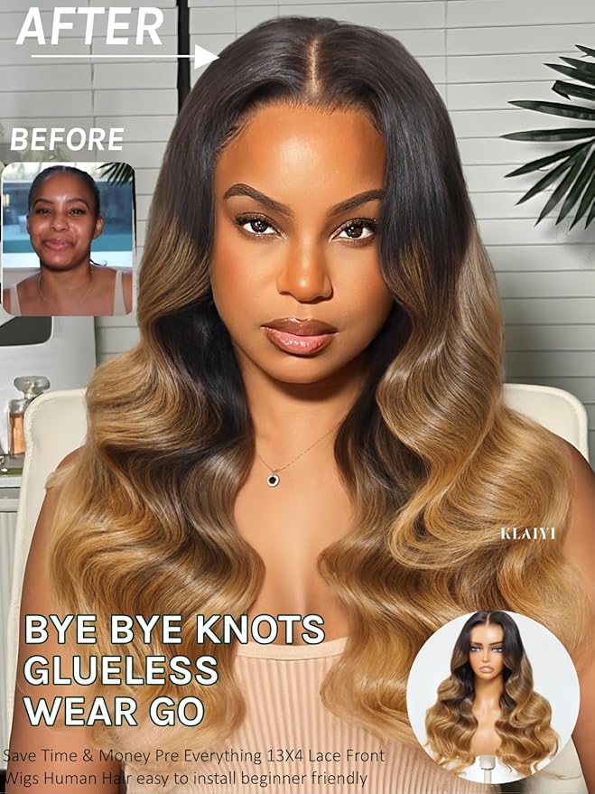 KLAIYI Ombre Highlight Blonde Loose Wave Pre Everything Glueless 13x4 Lace Front Wigs Human Hair Drawstring Balayage Brown Pre Cut Pre Plucked Bleached Ready to Wear and Go Wig with Dark Roots 26Inch