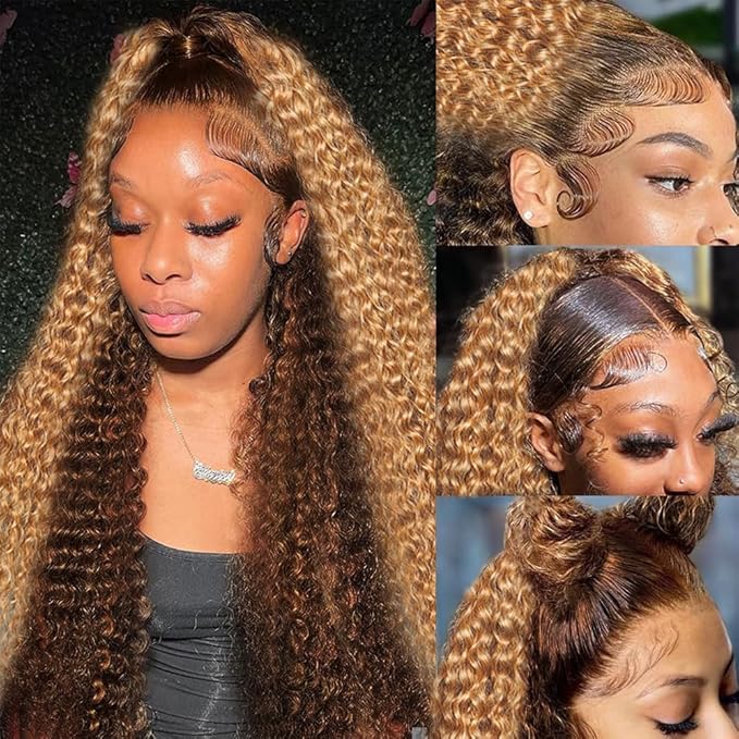 AMIRTY Ombre Lace Front Wigs Human Hair Pre Plucked Honey Blonde 4/27 Highlight Deep Wave 13x6 Lace Front Wig with BabyHair Drawstring Wig Human Hair Lace Frontal Human Hair Wigs for Women