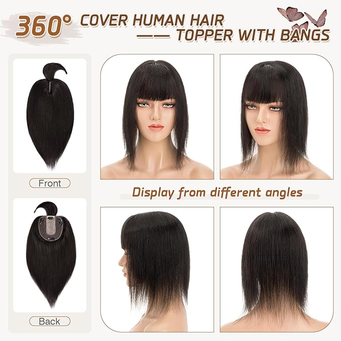 Rich Choices Real Human Hair Toppers for Women With Bang 100% Remy Human Hair Topper for Thinning Hair Clip in Silk Base Hair Topper 6 Inch #1B Natural Black