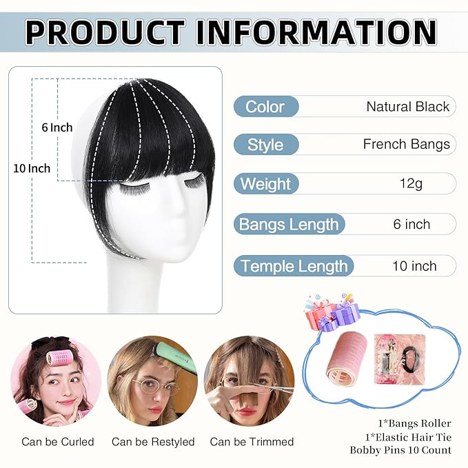 Clip In Bangs for Women, Natural Black French Bangs Hair Clip with Temples, 100% Real Human Hair Layered Curved Fringe for Halloween and Daily Use(Natural Black, French Bangs)