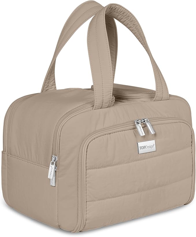 TOPDesign Travel Toiletry Bag for Women, Puffer Large Toiletry Bag, Lightweight Cosmetic Makeup Organizer with Handle for Traveling, Accessories, Essentials, Toiletries (Camel)
