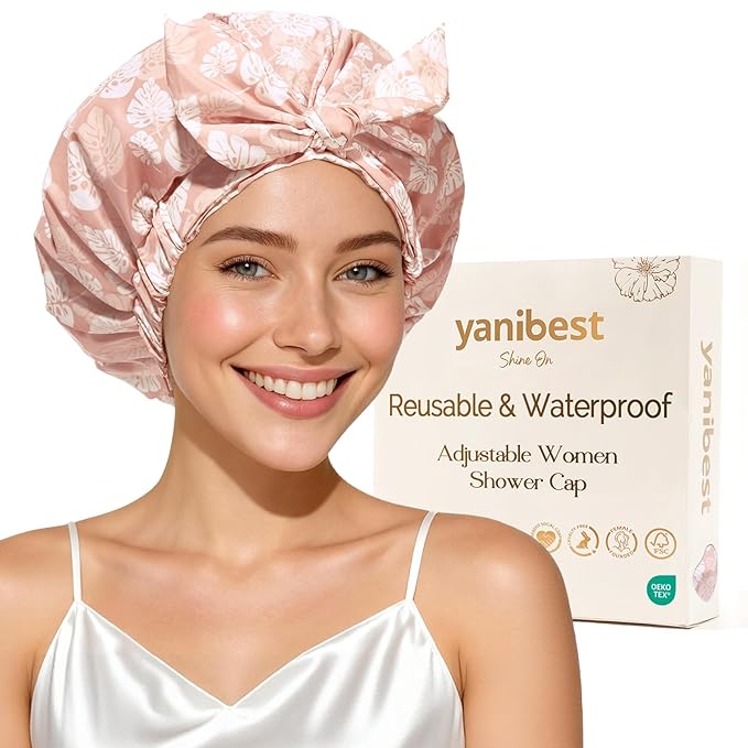 Yanibest Shower Cap for Women Reusable Waterproof, Adjustable Non-Slip Shower Hair Cap, Washable Bath Hat for Long Hair
