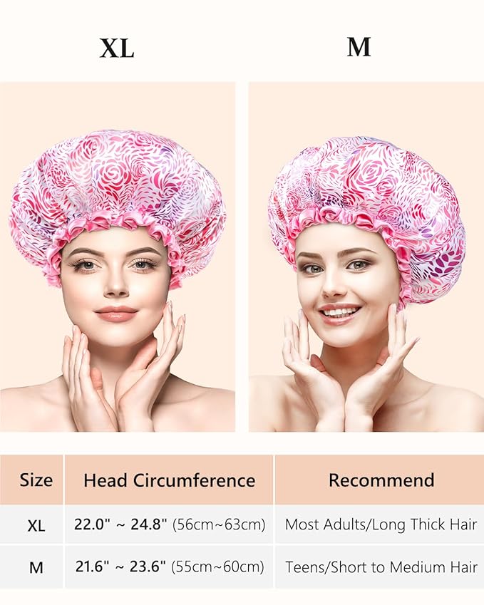 mikimini Medium Shower Cap for Women 2 Pack, Double Layer Waterproof, Reusable, Washable, Romantic Petal Design, Floral Print