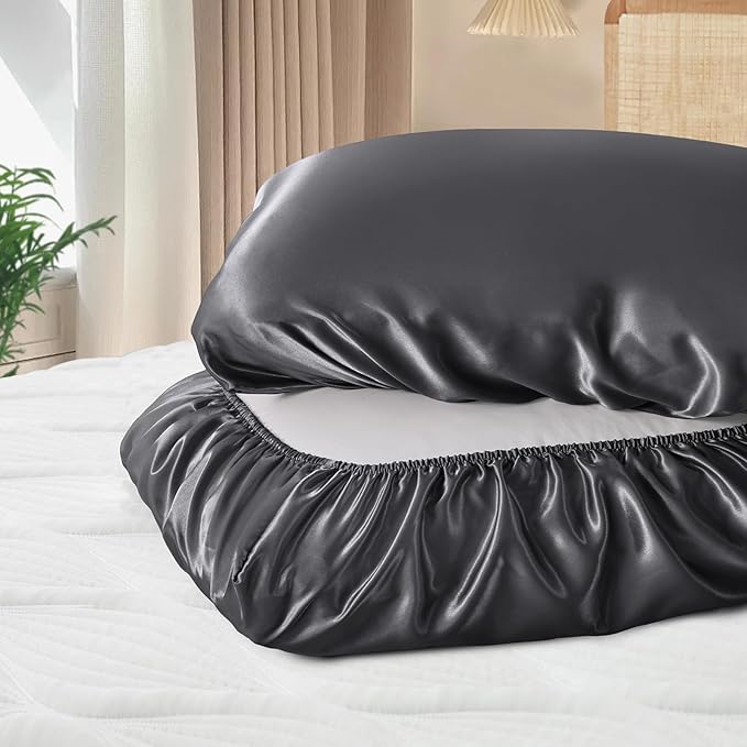 SiinvdaBZX Dark Grey Satin Pillowcase Standard/Queen Size Set of 2, Silky Travel Elastic Band Satin Pillow Case for Hair and Skin, Soft Portable & Fit for Various Pillow