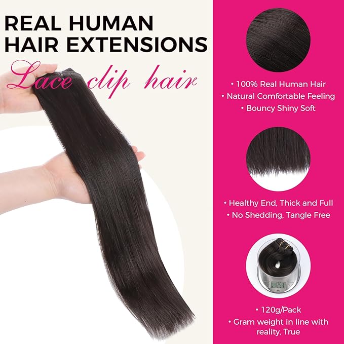 Lashey Straight Clip in Hair Extensions for Women, 20 Inch 7pcs 120g Dark Brown Remy Human Hair Extensions Thick Hair with Lace Weft Clip Ins