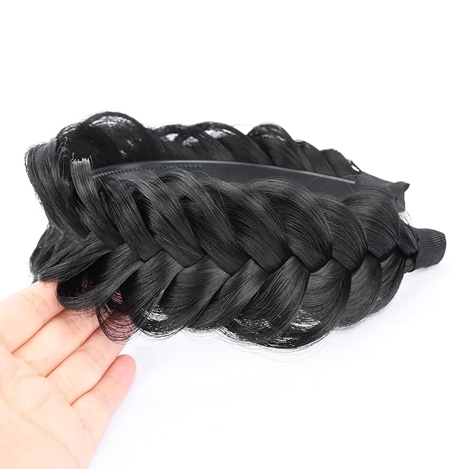 DIGUAN Wide Messy Braided Headband With Teeth Synthetic Hair Plaited Headband High Elasticity Braids Chunky Fishtail Braided Hair Band Hairpiece for Girls Women (Natural Black)