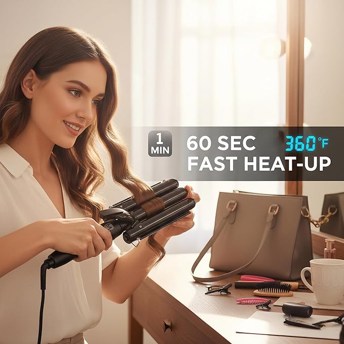 3 Barrel Curling Iron, 1 Inch Ceramic Tourmaline Hair Waver Wand with LCD Temperature Display, Fast Heating Foldable Crimpers for Travel Glove Included (Black)