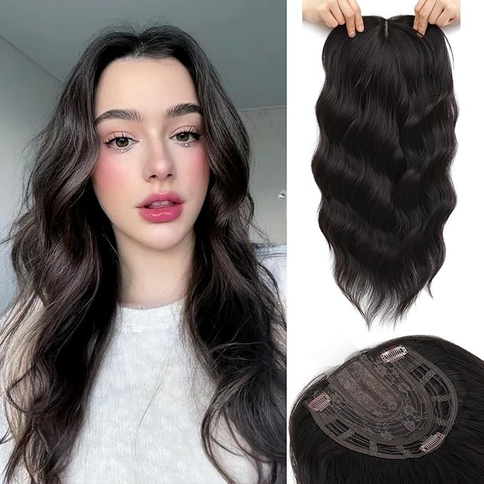 Hair Topper, 360° 3D Hair Toppers for Women with Thinning Crown, 20 Inch Long Wavy Curly Hair Pieces Clip in Bangs (Brown Black, 20 inch, Side Bangs)