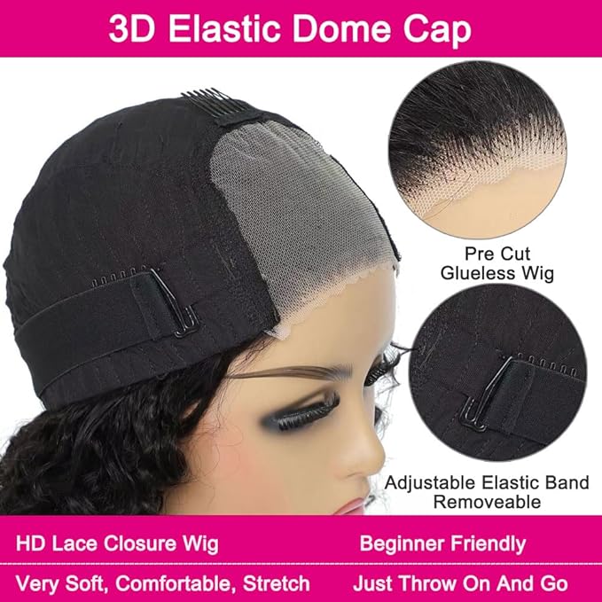 GOLFMAX Wear and Go Glueless Wigs Human Hair Pre Plucked Pre Cut Short Bob Wig Human Hair Wigs With Elastic Band For Black Women Deep Wave Curly 4x4 Closure Wig Water Wave Wigs 12 Inch