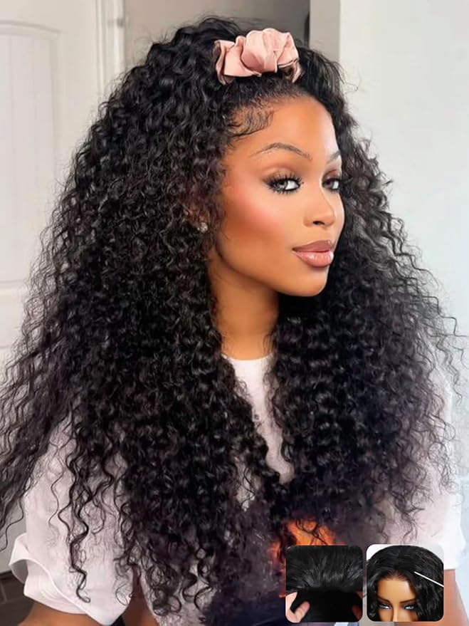 KLAIYI Water Wave 3 In 1 Flip Over 3/4 Half Wig Human Hair Curly Flip Over Seamless Blend Edges Glueless Wear and Go Drawstring Headband Clip In Wigs for Women Ready to Go Wig Beginner Friendly 24Inch