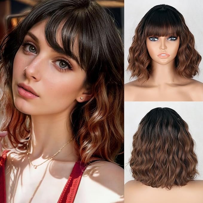 MISSQUEEN Short Brown Wig with Bangs for Women Shoulder Length Bob Curly Women's Charming Synthetic Black to Brown Wigs Natural Wavy Heat Resistant Hair for Daily Party Use