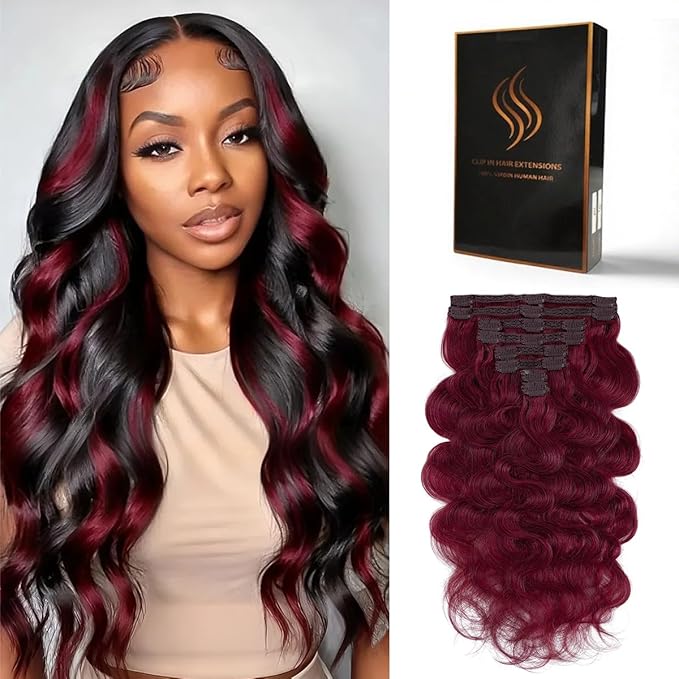 Clip in Hair Extensions Real Human Hair Body Wave 99J Burgundy Clip in 100% Brazilian Remy Human Hair Extensions 8pcs Per Set with 18 Clips Double Weft 22 Inch 110g/3.6oz