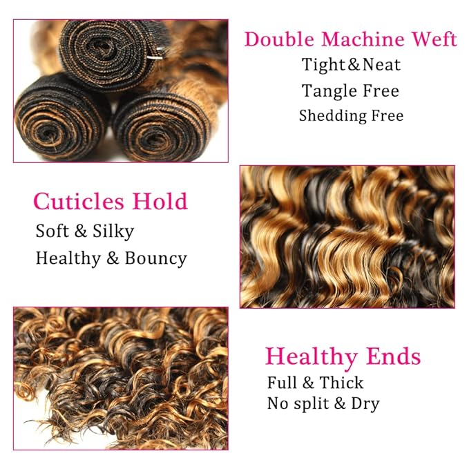 26 28 30 Inch P1B30 Bundles Human Hair Highlight Deep Wave Bundle Brazilian Virgin Remy Hair Extensions Niegmeag 2 Tone Black and Light Brown Deep Wave Bundle 300g