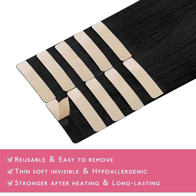 Wennalife Tape in Hair Extensions Human Hair Jet Black Tape in Extensions, 10pcs 20g 10 inch Remy Invisible Tape Ins Straight Colored Soft Real Human Hair Tape in Extensions Refill Set Extensions