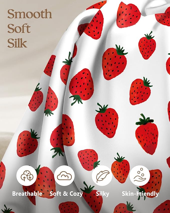2 Pack Mulberry Silk Pillowcase for Hair and Skin - Standard Size 20 x 26 Inches with Hidden Zipper Watercolor Strawberry 19 Momme Soft Sleeping Silk Pillow Case for Women, Moms
