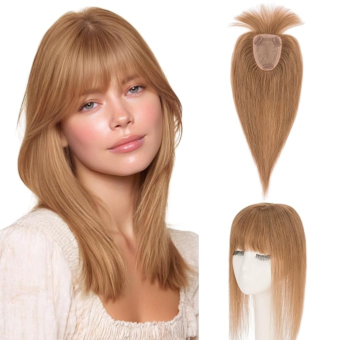 Hairro Human Hair Toppers with Wispy Bangs, 3.5x4.7" Hand-wovened Base for Women with Thinning Hair, Lightweight & Breathable Realistic Scalp, Clip-in Hairpieces for Easy Wear, 12 Inch Blondish Brown