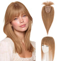 Hairro Human Hair Toppers with Wispy Bangs, 3.5x4.7" Hand-wovened Base for Women with Thinning Hair, Lightweight & Breathable Realistic Scalp, Clip-in Hairpieces for Easy Wear, 16 Inch Blondish Brown