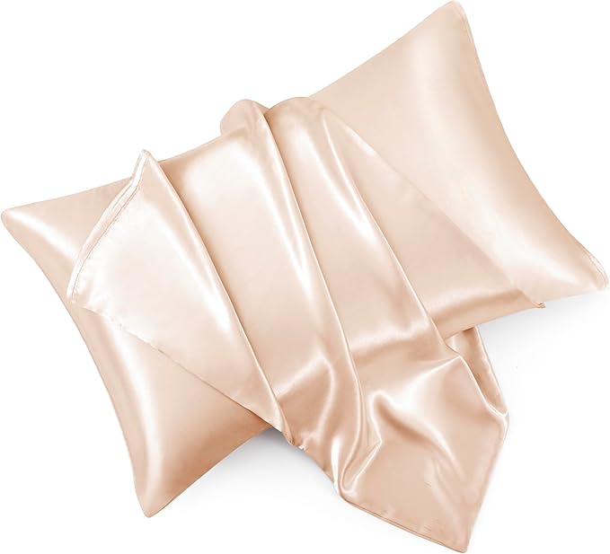 Champagne Satin Pillowcase Queen Size Set of 2 for Hair and Skin, Champagne Silk Pillowcase Breathable Pillowcase with Envelope Closure