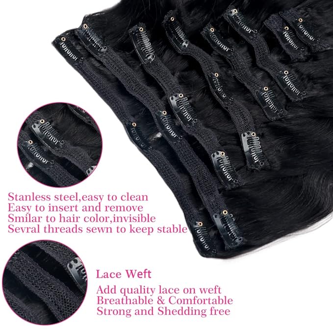 30Inch Clip in Hair Extensions Real Human Hair Body Wave 8Pcs Brazilian Human Hair Clip in Extensions with 18Clips Double Lace Weft 120g #1B Natural Black