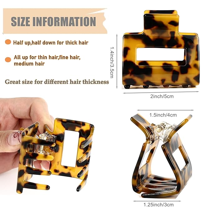 2Pcs Small Medium Hair Claw Clips for Women Tortoise Shell Rectangle Claw Hair Clips for Thin Fine Medium Thick Hair Non Slip