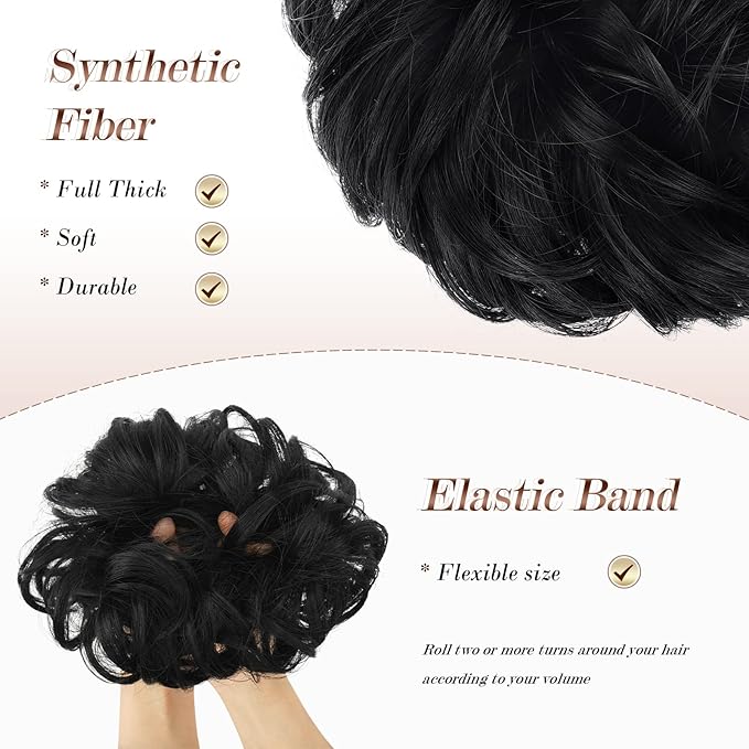 FESHFEN Large Jet Black Synthetic Fiber Messy Bun Hair Piece, 1.94 oz