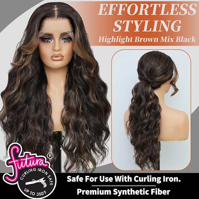 Synthetic Lace Front Wigs Pre Plucked Highlight Brown Mix Black 26 Inch Long Wavy 100% Futura Premium 13x4 HD Lace Wigs For Black Women Ready to Wear Beginner Friendly Daily Party Use