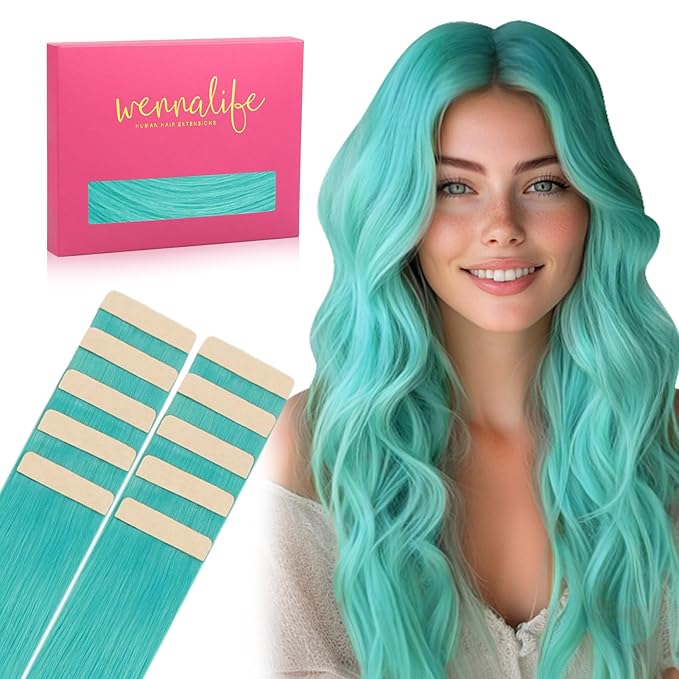 WENNALIFE Tape in Hair Extensions Human Hair Teal Green Tape in Extensions, 10pcs 30g 26 inch Remy Invisible Tape Ins Straight Colored Soft Real Human Hair Tape in Extensions Refill Set Extensions