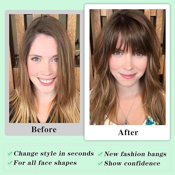 NAYOO Bangs Hair Clip - Light Brown Fake Bangs 100% Real Human Hair Extensions Wispy Bangs for Women Fringe with Temples Hairpieces Curved Bangs for Daily Wear(Light Brown, Wispy Bangs)