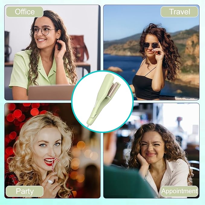 Crimper Hair Tool, Hair Crimper for Women, Beach Waves Curling Wand with Negative Ions, Adjustable Temp, Anti-Scald Design, Auto Shut-Off, Dual Voltage, 1.42 Inch (Green)