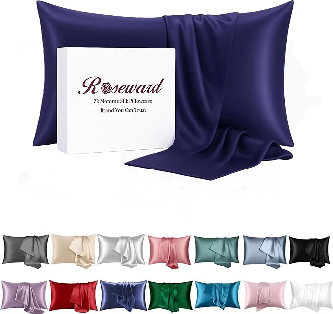 Navy Blue Silk Pillow Cases with Zipper Standard Size, USA Made, Real 22 Momme Mulberry Silk Pillowcase for Sleeping Women, Cooling, Anti Acne (Navy Blue, Standard)