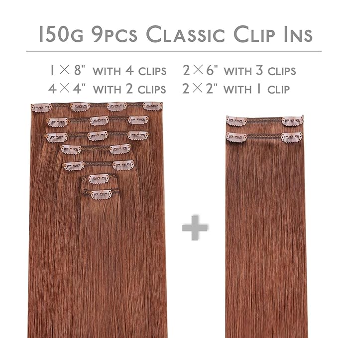 WENNALIFE Clip in Hair Extensions Real Human Hair, 14 Inch 150g 9pcs Human Hair Extensions Clip In, Dark Auburn Copper Hair Extensions Clip In Real Hair Coloured Remy Human Hair Extensions