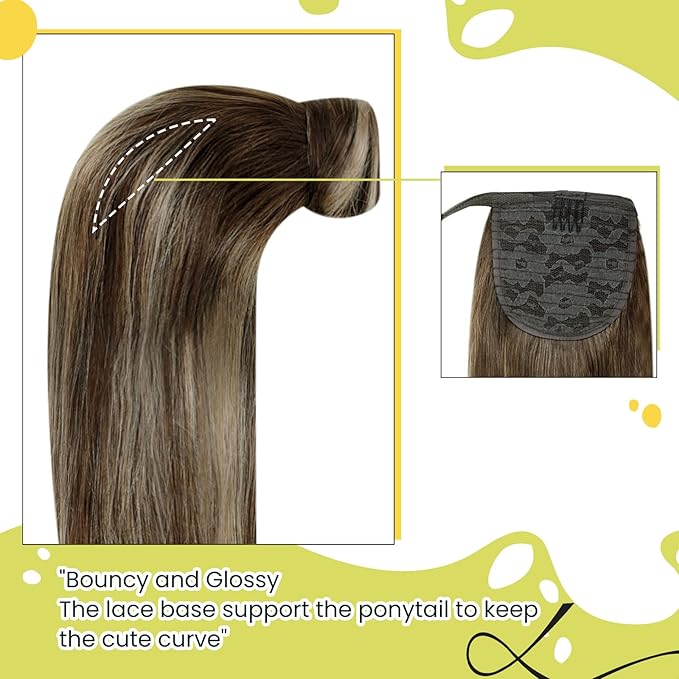 RUNATURE Human Hair Ponytail, Balayage Ponytail Extension Human Hair, Straight Real Hair Ponytail Extension, Tangle Free No Shedding, 16 Inch 80g #4/27/4 Medium Brown to Honey Blonde Highlights