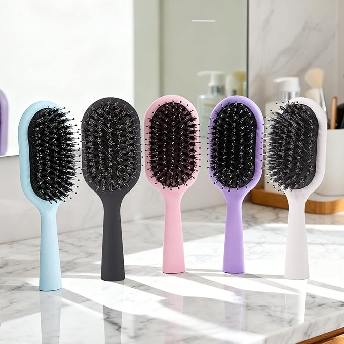 Boar Bristles Hair Brush for Women and Men, Detangling Hair Brush for Smoothing Massage Add Shine, Nylon&Boar Bristles Detangler brush for Hair Healthy (Medium-Pink)