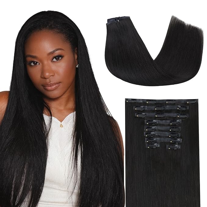 Lashey Seamless Clip in Hair Extensions Human Hair 130g 9pcs #1 Jet Black 16 Inch Light Yaki Straight Clip in Hair Extensions Real Human Hair with Flat PU Invisi Edge Full Pack