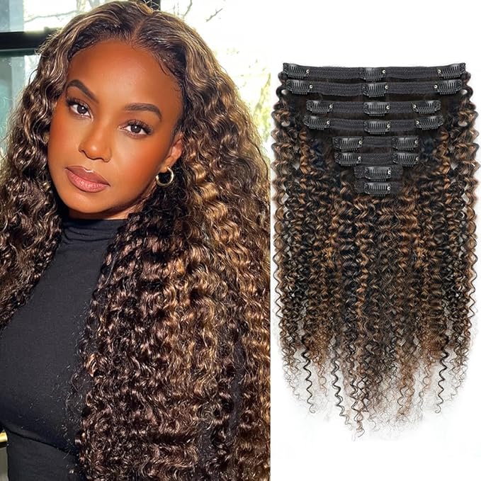 FB30 Highlight Ombre Curly Clip In Extension Human Hair 3C 4A Kinky Curly Clip Ins Full Head for Black Women Brazilian Remy Human Hair Balayage Brown 8Pcs with18clips 120g/Set (24 inch)