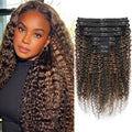 FB30 Highlight Ombre Curly Clip In Extension Human Hair 3C 4A Kinky Curly Clip Ins Full Head for Black Women Brazilian Remy Human Hair Balayage Brown 8Pcs with18clips 120g/Set (24 inch)