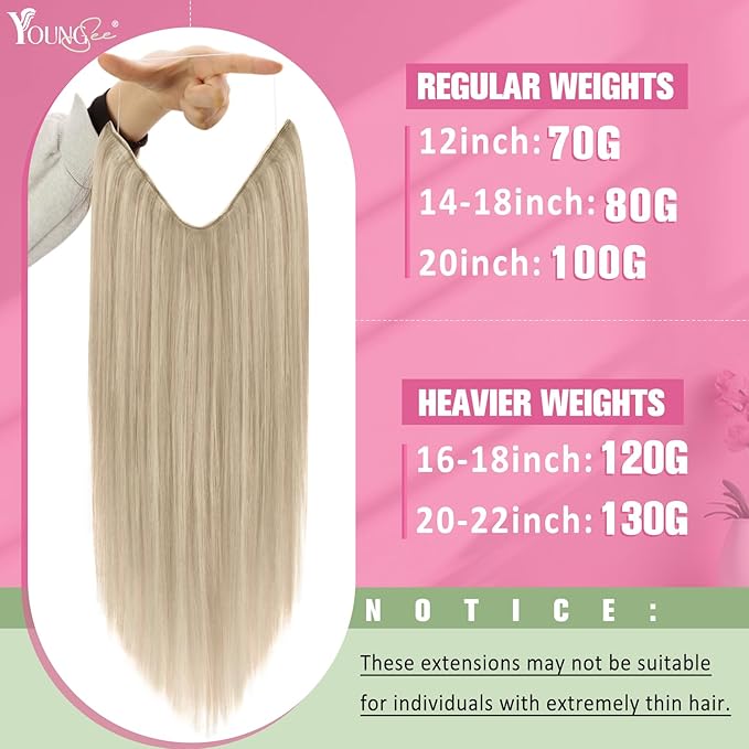 YoungSee 18 Inch Wire Hair Extensions Blonde Invisible Wire Hair Extensions Real Human Hair Ash Blonde Highlights Bleach Blond Headband Hair Extension for Women 80G