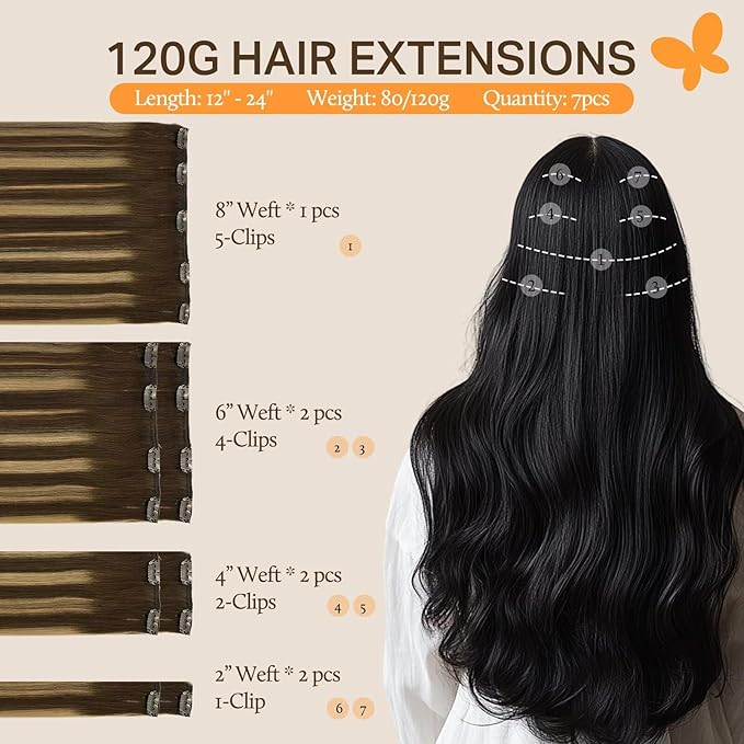 DOORES Clip in Hair Extensions Real Human Hair Balayage Chocolate Brown to Caramel Blonde 16 Inch 7pcs 120g Remy Human Hair Extensions Clip in Straight Thick Weft