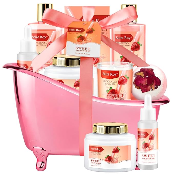 Spa Kit for Women, Bath & Body Gift Set, Luxury Home Spa Bath Gift Basket, Strawberry Scented Bath Set Christmas Gifts for Women, Pamper Gifts for Girls & Teens, Birthday Gift, Bath Self Care Gift