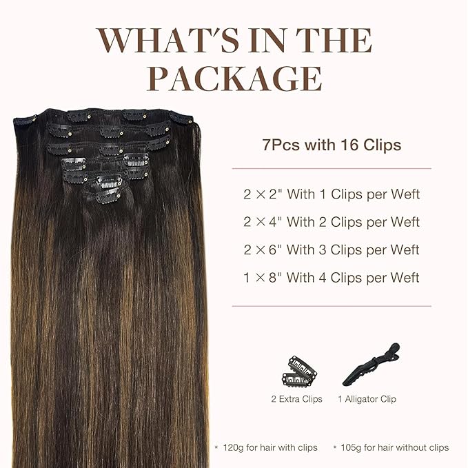 GOO GOO Clip in Hair Extensions Real Human Hair, Remy Human Hair Extensions Clip ins for Women, Natural Human Hair, 14inch 120g 7Pcs, 2/6/2 Balayage Dark Brown to Chestnut Brown