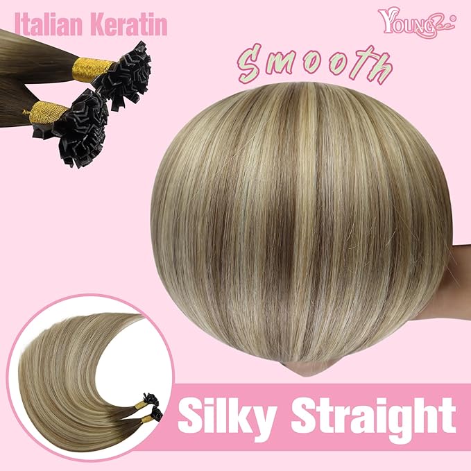 YoungSee Ktip Hair Extensions Human Hair Balayage K Tip Hair Extensions Real Human Hair Balayage Dark Brown to Brown with Blonde 20In 50s/50g