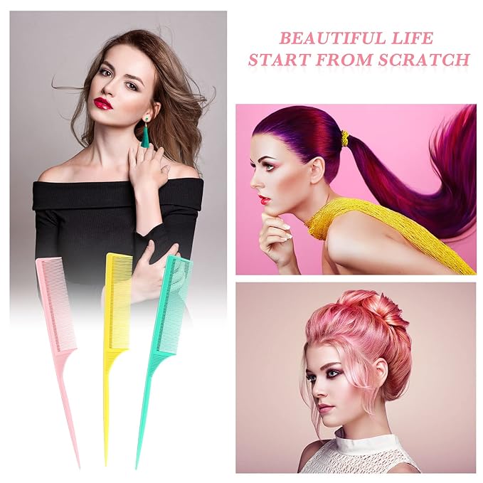 Leinuosen 3 Pack Rat Tail Combs Fine Tooth Parting Tip for Women Carbon Fiber Heat Resistant Anti Static Teasing for Back Combing Root Teasing Adding Volume Evening Styling(Pink, Yellow, Green)