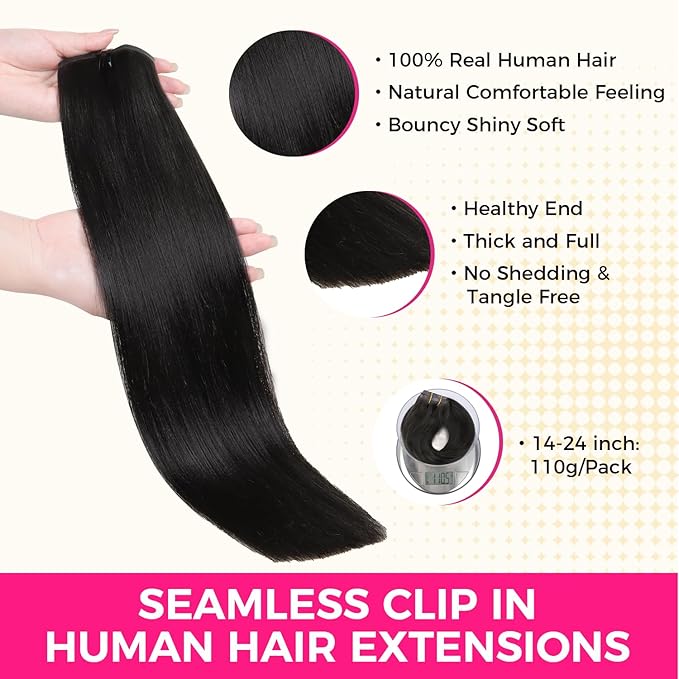Lashey Seamless Clip in Hair Extensions Human Hair 7pcs 110g Light Yaki Straight Clip ins with PU Weft 22 Inch Natural Black Human Hair Clip in Extensions for Women