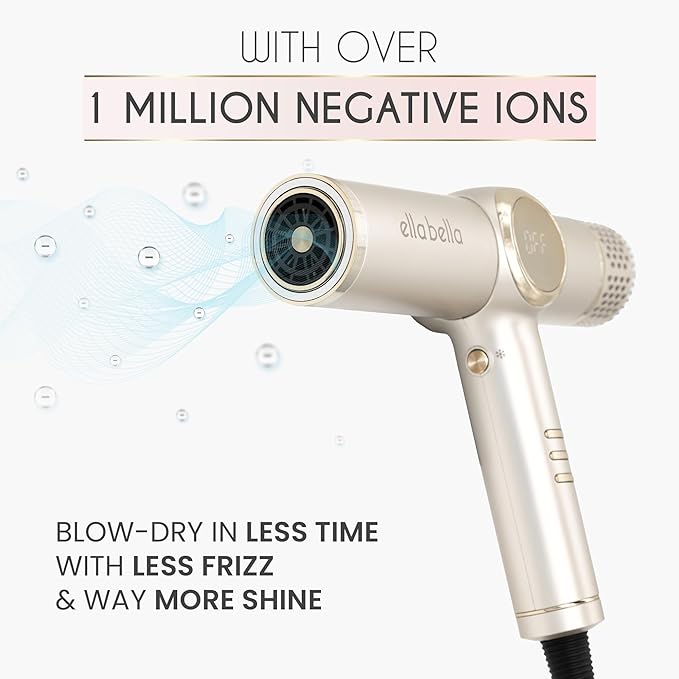 ELLA BELLA® Professional Ionic Hair Dryer with Diffuser • Negative Ion Blow Dryer • Suitable All Hair Types • Intelligent Heat Control & Rapid Drying Speeds • Lightweight Design • Low Noise Technology