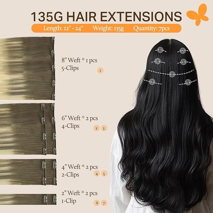 DOORES Hair Extensions Real Human Hair, Ash Brown to Platinum Blonde 135g 7pcs 18 Inch, Silky Straight Clip in Extensions Natural Remy Thick Weft for Women