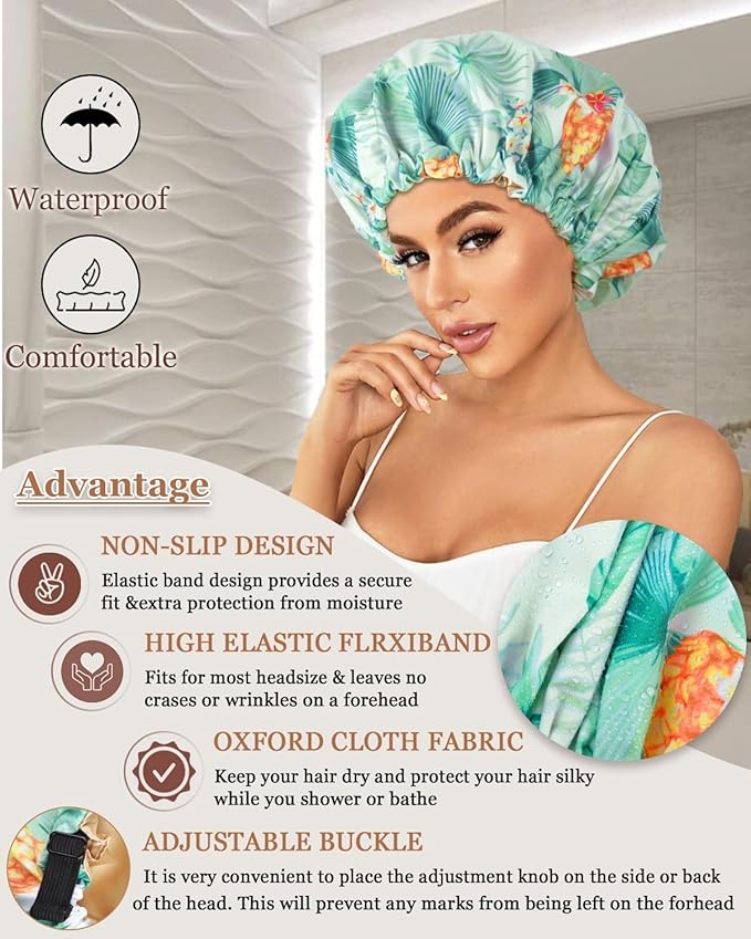 Large Shower Caps for Women Reusable Waterproof Satin Lined Shower Cap with Adjustable Band Double Layer Design Luxury Washable Bath Hair Bonnet (Pineapple Palm)