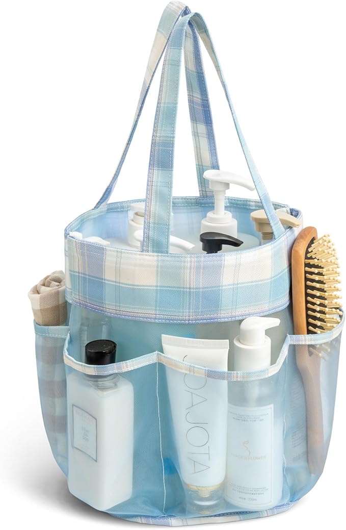Mesh Shower Caddy Portable, Bathroom Caddy Organizer for College Dorm Essentials, Hanging Shower Tote Bag with 7 Pockets for Beach, Swimming, Gym camping Blue Checkered