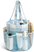 Mesh Shower Caddy Portable, Bathroom Caddy Organizer for College Dorm Essentials, Hanging Shower Tote Bag with 7 Pockets for Beach, Swimming, Gym camping Blue Checkered